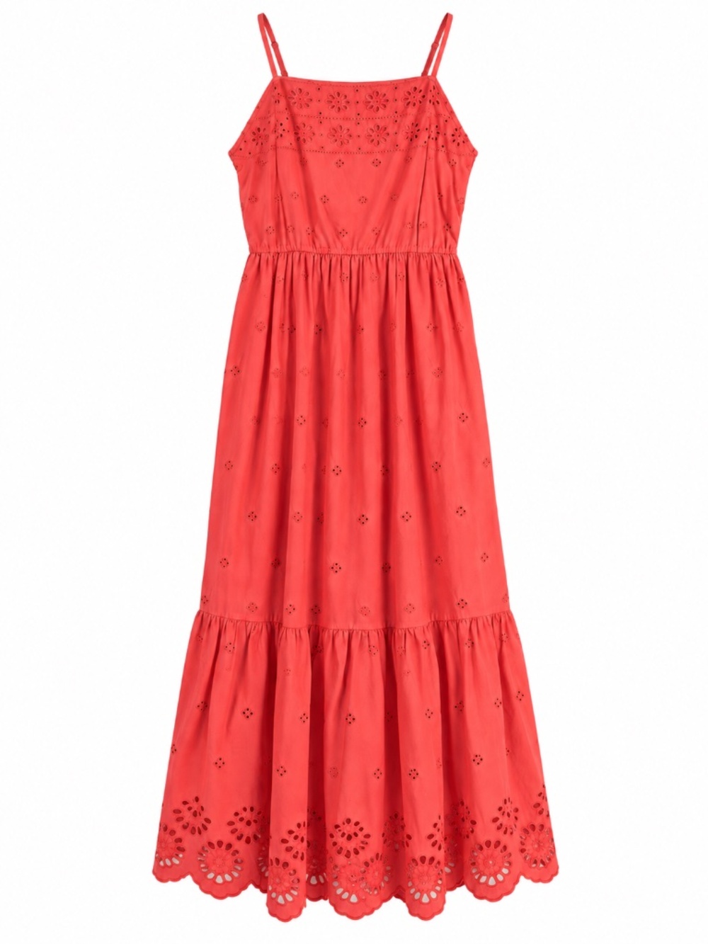 Japna Coral Red Eyelet Smocked Tiered Maxi Dress Spaghetti Strap Small Medium